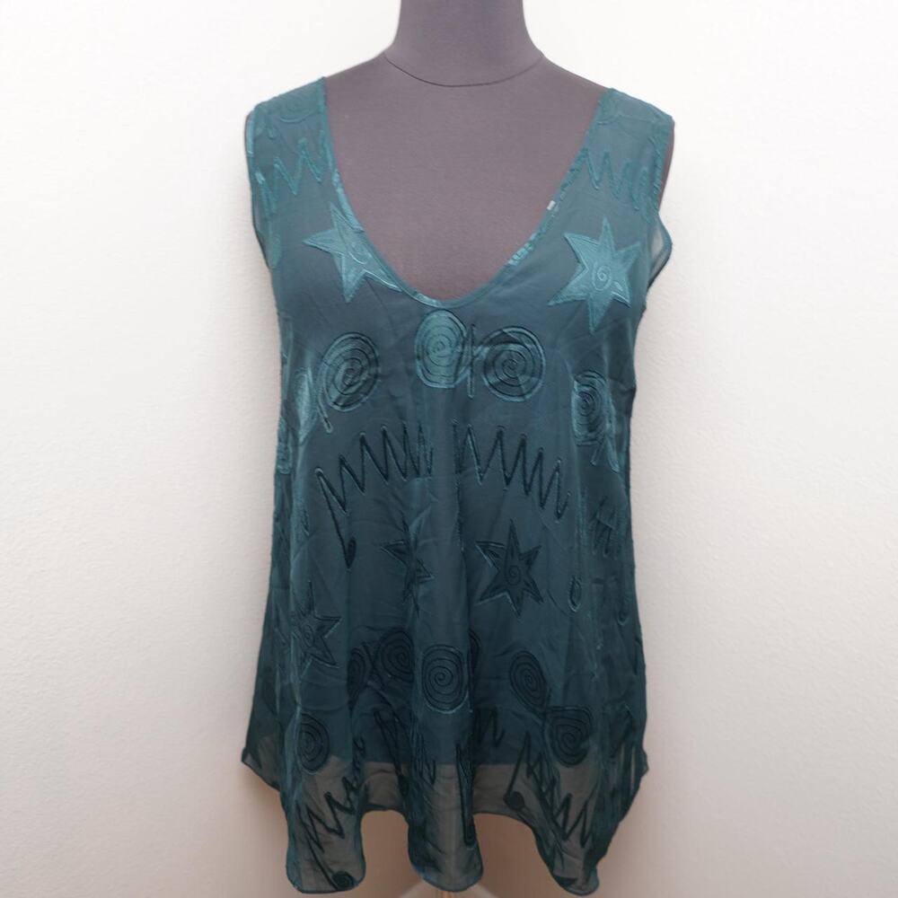 Vintage Sheer Mesh Tunic Top Teal Boho 2X